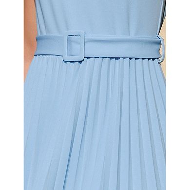 Women's Pleated Dress Mock Neck Cap Sleeve Belted A-line Dresses