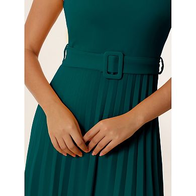 Women's Pleated Dress Mock Neck Cap Sleeve Belted A-line Dresses