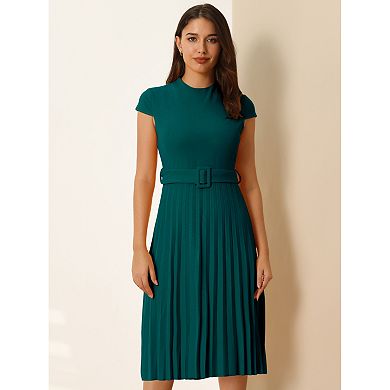 Women's Pleated Dress Mock Neck Cap Sleeve Belted A-line Dresses