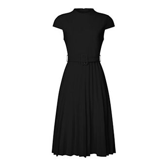 Women's Pleated Dress Mock Neck Cap Sleeve Belted A-Line Dresses