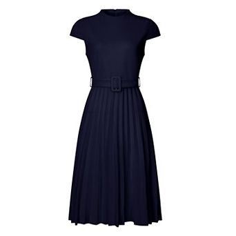 Women's Pleated Dress Mock Neck Cap Sleeve Belted A-Line Dresses