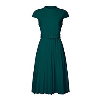 Women's Pleated Dress Mock Neck Cap Sleeve Belted A-Line Dresses