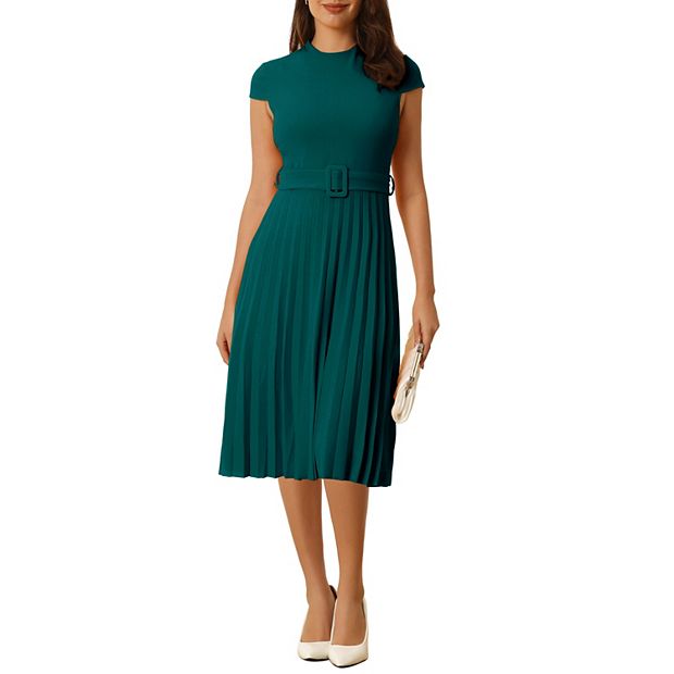 Women s Pleated Dress Mock Neck Cap Sleeve Belted A line Dresses