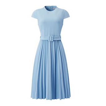 Women's Pleated Dress Mock Neck Cap Sleeve Belted A-Line Dresses