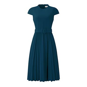 Women's Pleated Dress Mock Neck Cap Sleeve Belted A-Line Dresses