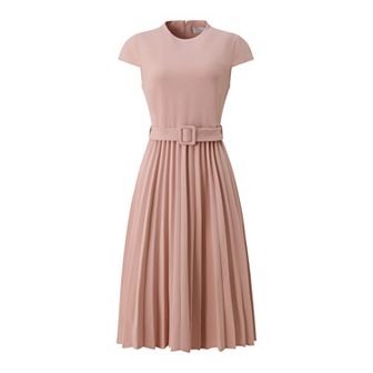 Women's Pleated Dress Mock Neck Cap Sleeve Belted A-line Dresses