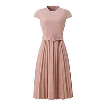 Women's Pleated Dress Mock Neck Cap Sleeve Belted A-Line Dresses