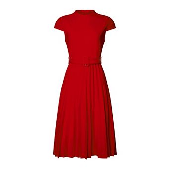 Women's Pleated Dress Mock Neck Cap Sleeve Belted A-Line Dresses