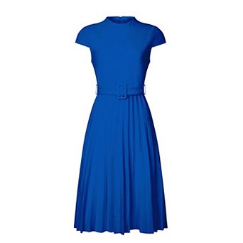 Women's Pleated Dress Mock Neck Cap Sleeve Belted A-Line Dresses