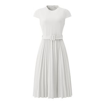 Women's Pleated Dress Mock Neck Cap Sleeve Belted A-Line Dresses