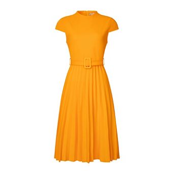 Women's Pleated Dress Mock Neck Cap Sleeve Belted A-Line Dresses