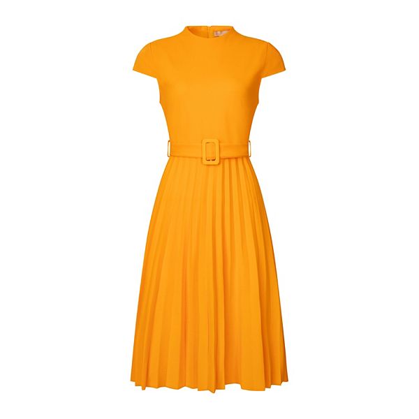 Women's Pleated Dress Mock Neck Cap Sleeve Belted A-line Dresses