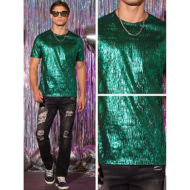 Shiny T-shirt For Men's Round Neck Short Sleeves Club Prom Sparkle Tee Top