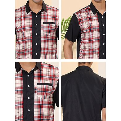 Men's Patchwork Plaid Short Sleeves Button Down Color Block Shirt