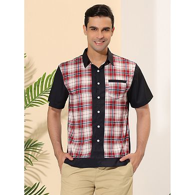 Men's Patchwork Plaid Short Sleeves Button Down Color Block Shirt