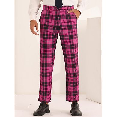Plaid Dress Pants For Men's Slim Fit Flat Front Color Block Trousers