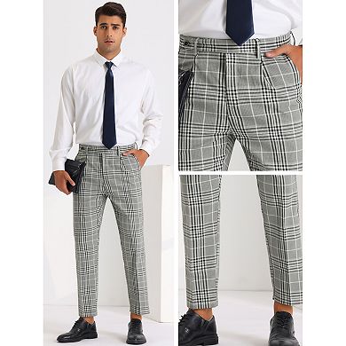 Checked Dress Pants For Men's Expandable Waist Pleated Formal Plaid Pants