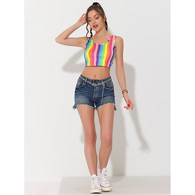 Tank Top For Women's U Neck Rainbow Striped Sleeveless Crop Tops