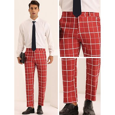Plaid Dress Pants For Men's Business Slim Fit Flat Front Checked Trousers