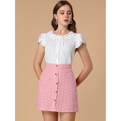 Women's Mini Skirt Button Decor Elastic Waist Embroidered A-line Skirts