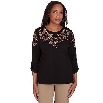 Petite Alfred Dunner Leaf Embroidered Sweater Top with Ruched Sleeves