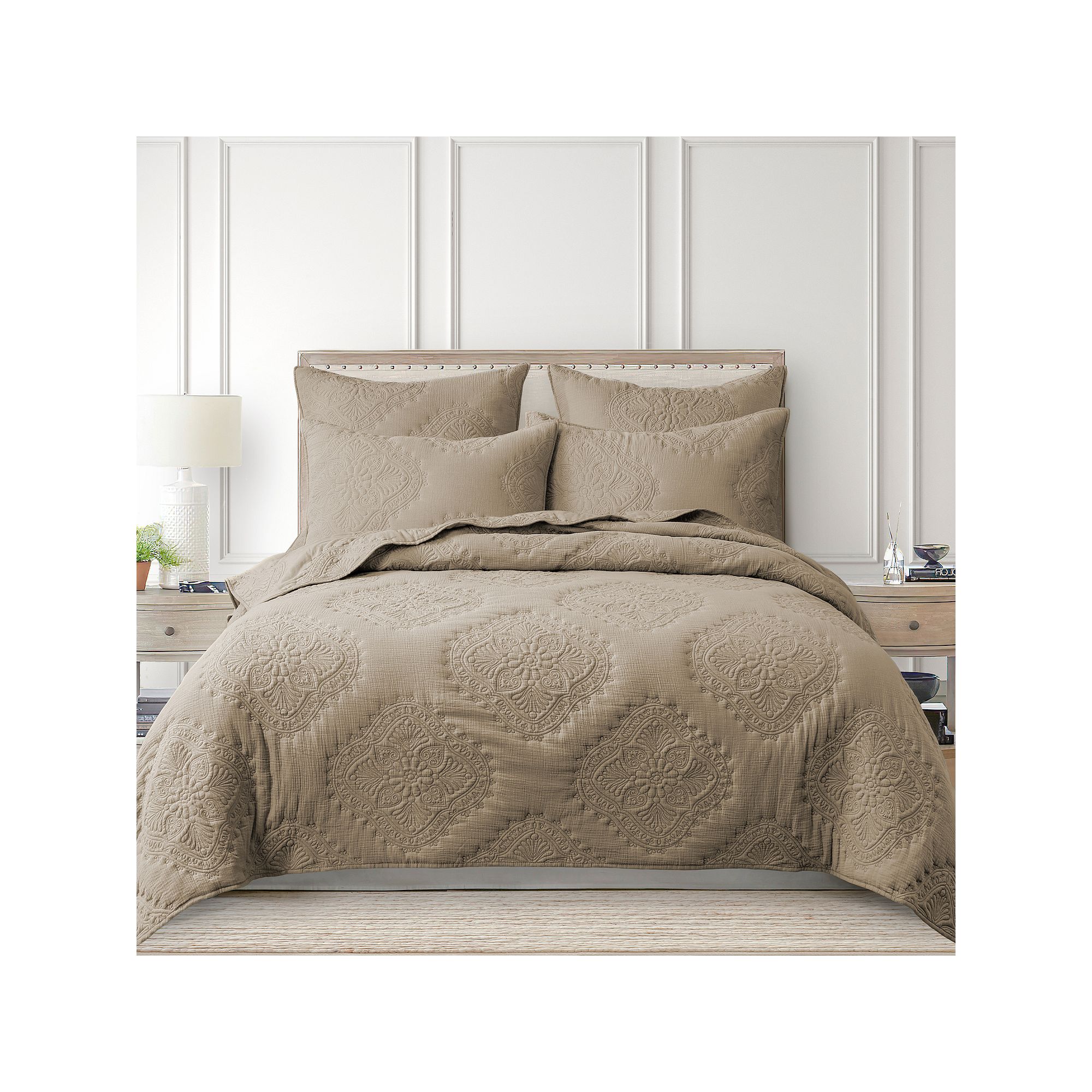 Levtex Home Muslin Stitch White Quilt Set or Euro Sham Set, Brown
