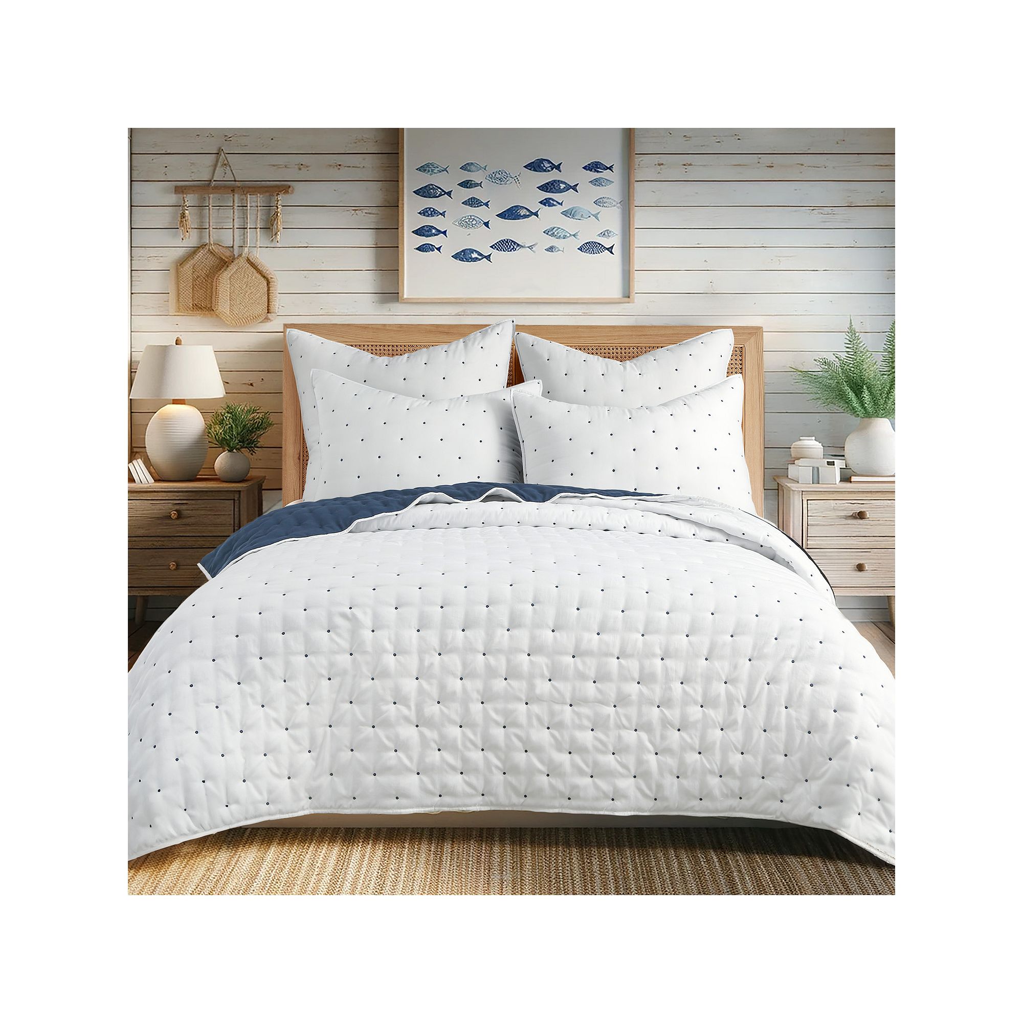 Levtex Home Embroidered Swiss Dot Navy & White Quilt Set or Euro Sham Set, 