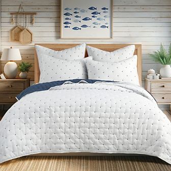 Levtex Home Embroidered Swiss Dot Navy & White Quilt Set or Euro Sham Set