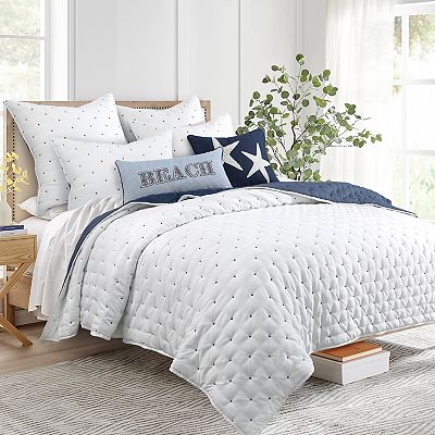 Levtex Home Embroidered Swiss Dot Navy & White Quilt Set or Euro