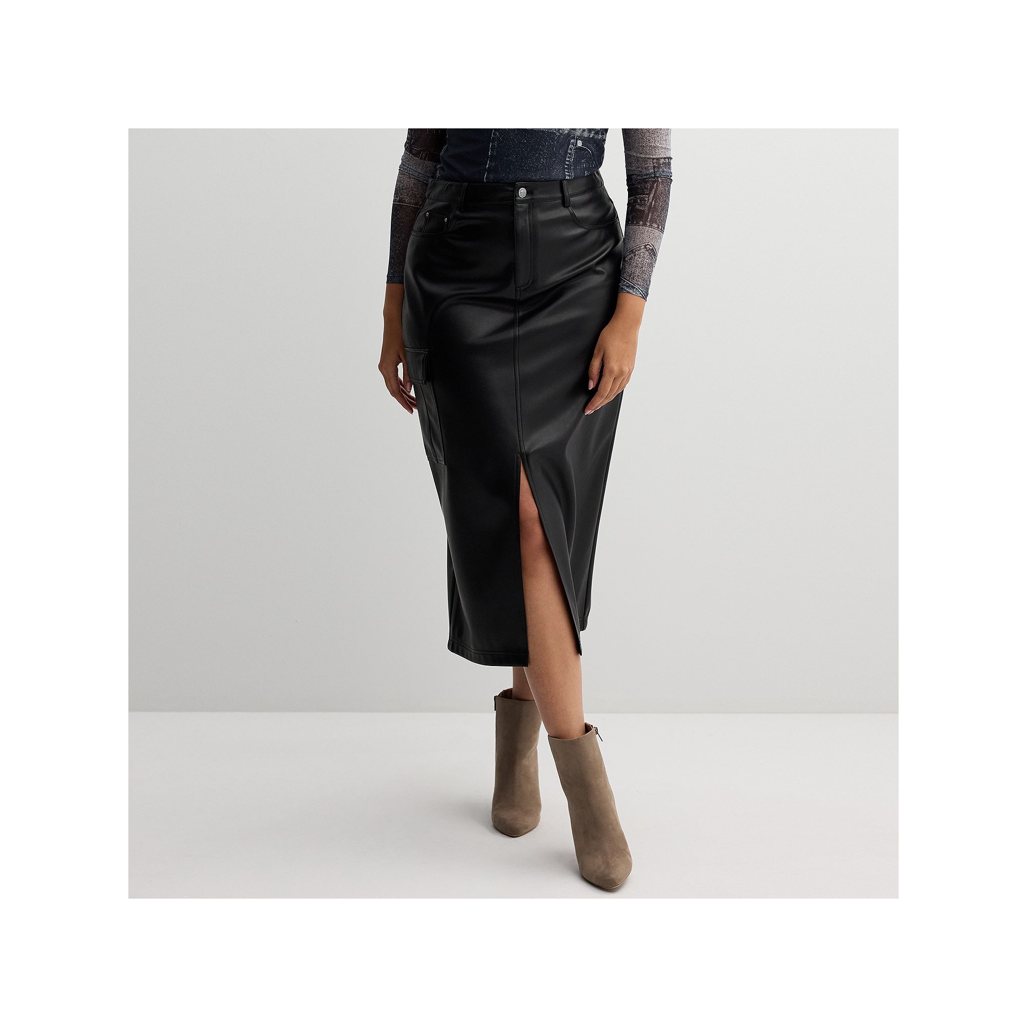 Womens INTEMPO™ Pleather Midi Skirt, Size: Small, Black
