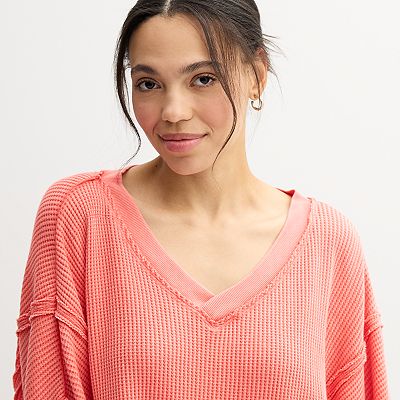 Juniors SO Oversized Waffle V Neck Top