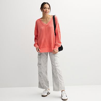 Juniors' SO® Oversized Waffle V Neck Top