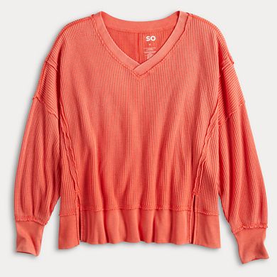 Juniors' SO® Oversized Waffle V Neck Top