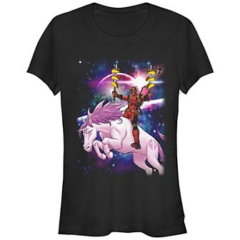 Juniors' Deadpool Pink Unicorn Ride Graphic Tee