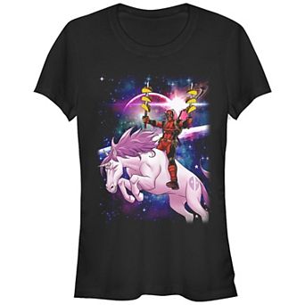 Juniors' Deadpool Pink Unicorn Ride Graphic Tee