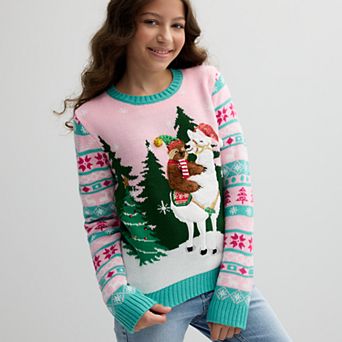 Girls 4-16 33 Degrees Sloth on Llama Christmas Sweater in Regular & Plus