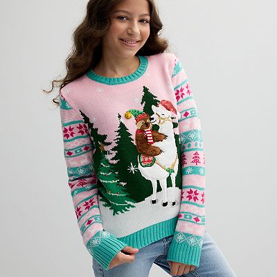 Girls 4-16 33 Degrees Sloth on Llama Christmas Sweater in Regular