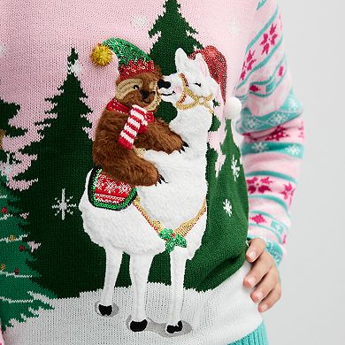 Girls 4-16 33 Degrees Sloth on Llama Christmas Sweater