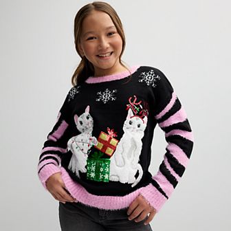 Girls 4-16 33 Degrees Long Sleeve Crew Neck Swirl Cat Sweater in Regular & Plus Size