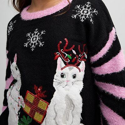Girls 4 16 33 Degrees Long Sleeve Crew Neck Swirl Cat Sweater in Regular Plus