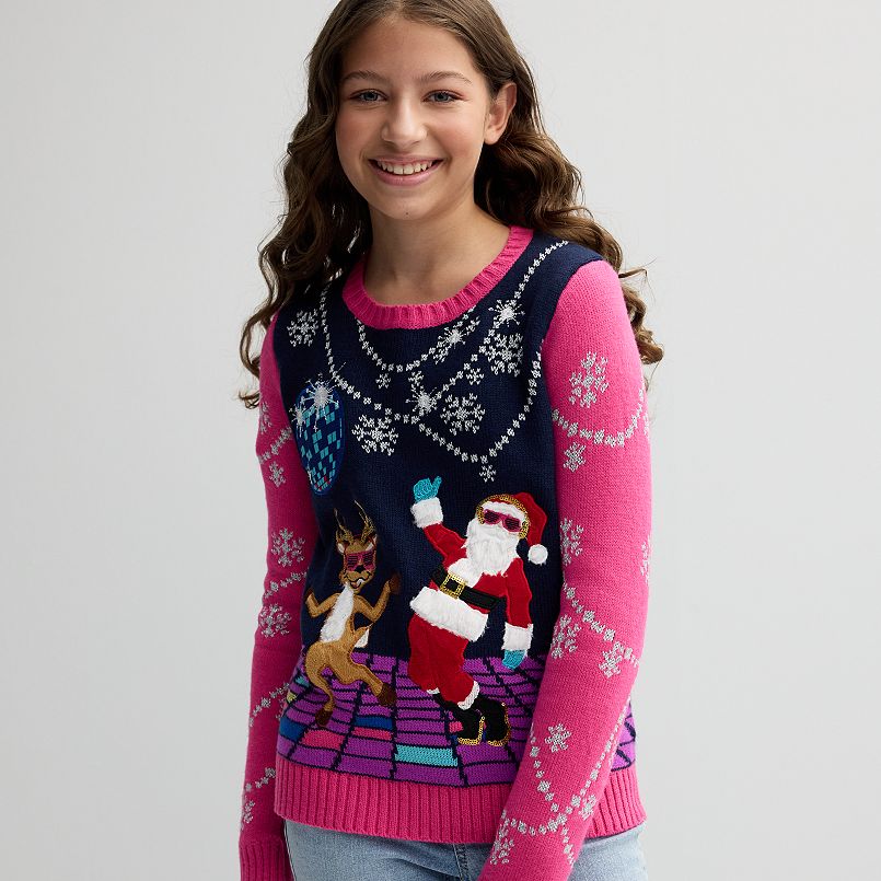 Girls 4-16 33 Degrees Disco Santa 3D Graphic Sweater in Regular & Plus