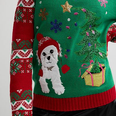 Girls 4-16 33 Degrees 3D Dog with Christmas Tree Graphic Sweater in Regular & Plus
