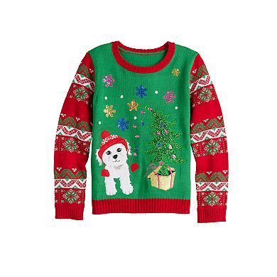 Girls 4-16 33 Degrees 3D Dog with Christmas Tree Graphic Sweater in Regular & Plus
