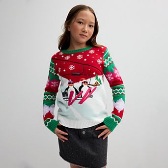 Girls 4-16 33 Degrees Long Sleeve Crew Neck Penguins On Ski Lift Sweater in Regular & Plus Size