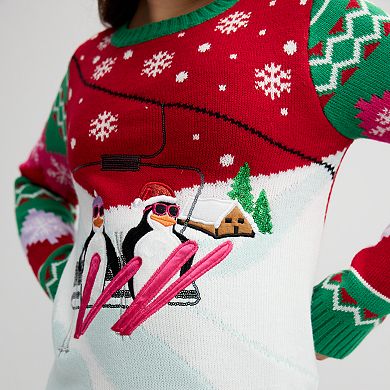 Girls 4-16 33 Degrees Long Sleeve Crew Neck Penguins On Ski Lift Sweater in Regular & Plus Size