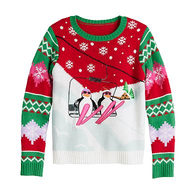 Girls 4-16 33 Degrees Long Sleeve Crew Neck Penguins On Ski Lift Sweater in Regular & Plus Size