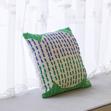 Handwoven Cotton Throw Pillow Cover with Ribbed Line Dots and Wave Border with Filler