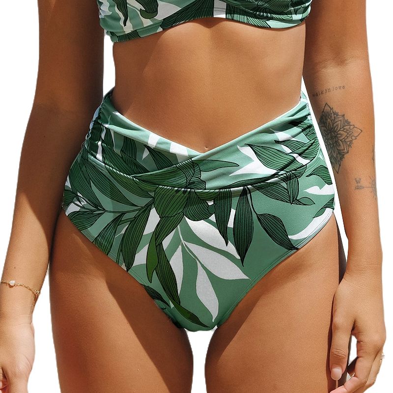 Women's Cupshe Shirred Overlap High Waist Bikini Bottoms, Size: Medium, Green Palm
