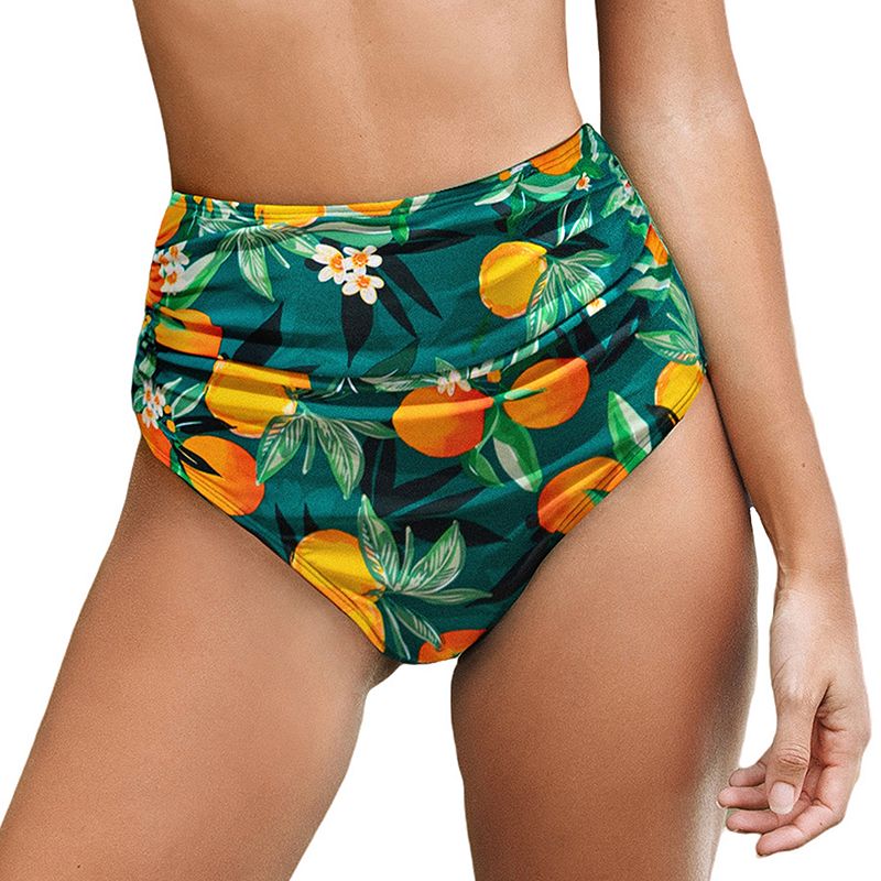 Women's Cupshe Shirred High Waist Bikini Bottoms, Size: XL, Green Oranges