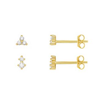 PRIMROSE 24k Gold over Sterling Silver Double Cubic Zirconia Stud Earrings & Triple Cubic Zirconia Stud Earrings Duo Set